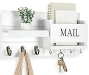 Lwenki Mail Organizer for Wall Mount – Key Holder with Shelf Includes Letter Holder Hooks for Hallway Kitchen Farmhouse Decor – Rustic Wood with Flush Mounting Hardware (16.5” x 9.1” x 3.4”) (White)