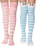 MOGGEI Womens Thigh High Fuzzy Socks Over Knee High Striped Stocking Stuffers Fluffy Cozy Slipper Fleece Gift Socks 2 Pairs (Blue&Pink Stripes)
