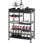 Azheruol Bar Cart with Basket 3 Tiers Home Rolling Wine Rack with Wheels Mobile Kitchen Industrial Vintage Style Wood Metal Serving Trolley Serving Cart,Black Frame Home Kitchen Shelf for Party