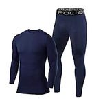 PowerLayer Men's Performance Base Layer Thermal Long Sleeve Top & Tights Compression Set - Navy Top + Navy Tights, M