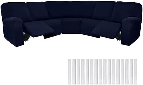 Peryiter 7 Pcs L Shape Sectional Recliner Sofa Covers 5 Seat Sectional Couch Covers Milk Silk Velvet Stretch Reclining Sofa Cover Sofa Slipcover Furniture Protector for Room (Navy Blue,Milk Silk)