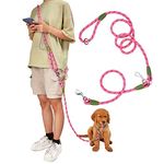 pawstrip Hands Free Dog Leash Waist & Crossbody Rope with Slip Lead Durable for 2 Dogs Nylon Reflective Heavy Duty Hiking Bungee Leash for Small Large Dogs (Pink)