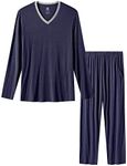 MoFiz Mens Pajama Set Long Sleeve V Neck 2 Piece Nightwear Loungewear Sleepwear Modal Pants With Pockets Pj's Sleep for Men, Navy, XX-Large