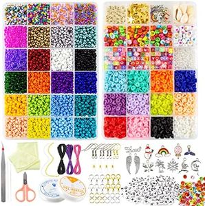 AKILION Beads for Jewellery Making Kit Includes 5500 Pcs Glass Seed Beads 2400 Pcs Flat Clay Beads 820 Pcs Alphabet Beads Pearl Beads Pendant Jewelry Wire, DIY Beading Kit, Necklace Bracelet Earring Making Kit, Arts & Drafts Supplies for Kids, Gift Set For Teens Girls