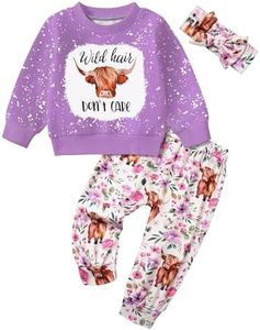 ADIFUN Baby Girl Clothes 18-24 Months Girl Clothing Fall Winter Outfits Wild Hair Don't Care Cow Purple Sweatshirt Flower Pants Western Cowgirl Outfit