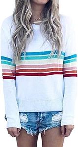 ECOWISH Women's Sweater Rainbow Colorful Striped Sweaters Long Sleeve Crew Neck Color Block Casual Pullover Blouse Tops White X-Large