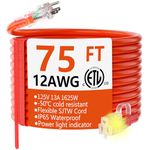 Glattol 12/3 Gauge Heavy Duty Outdoor Extension Cord 75 ft Waterproof with Lighted end, Flexible Cold-Resistant 3 Prong Electric Cord Outside, 15Amp 1875W 12AWG SJTW, Orange, ETL HUANCHAIN