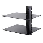 mahara Black Glass Floating Shelves - Two Tier Shelf Unit with Tempered Glass & Black Cable Management - For TV,AV & Gaming - 38cm x 28cm - 10Kg Max