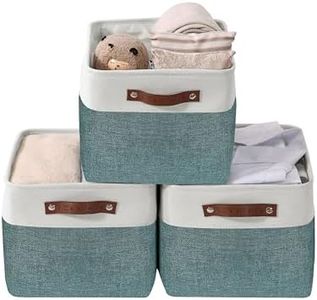 DECOMOMO Storage Bins | Fabric Storage Baskets for Shelves for Organizing Closet Shelf Nursery Toy | Decorative Large Linen Closet Organizer Bins with Handles (Teal and White, Large - 3 Pack)