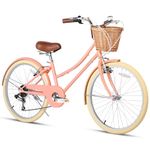 Glerc Missy 24" inch Girl Cruiser Kids Bike 6-Speed Teen Hybrid City Bicycle for Youth Ages 7 8 9 10 11 12 13 14 Years Old with Wicker Basket & Lightweight, Peach