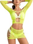 Avidlove Womens Lingerie Sets Lace Fishnet Outfit Rhinestone Babydoll with Skirt Lemon Green M