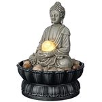 Kalona Home Décor 9.6" Tabletop Fountain Exquisite Smile Sitting Buddha Fountains Desk Water Fountain Decorative Zen Fountain w/LED/Glass Rolling Ball/Cobblestone Office and Home Decor(21127B)