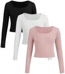 Floerns Girls 3 Pcs Solid Ribbed Knit Square Neck Long Sleeve Tee Shirts Crop Tops Pink White Black 10Y