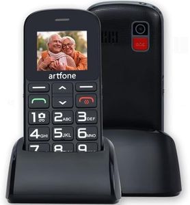 artfone GSM Telephone Senior 1.8'' avec Grandes Touches, Caméra, Batterie 1400mAh, Bouton SOS, Radio FM, Lampe Torche, Station de Charge, 2G Double SIM Téléphone Portable Personnes Agées, Noir