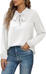 Yommay Womens Blouses Long Sleeve Dressy Chiffon Ladies Tops Elegant Tie Neck Business Work T Shirts,White,M