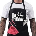 BBQ Aprons for Men, Funny Cooking BBQ Apron in 100% Cotton, Adjustable with 2 Pockets, Birthday, Christmas, Cooking Gifts for dad, chef, husband, him - Grillfather - Black