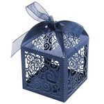 KPOSIYA 100 Pack Wedding Favor Boxes Laser Cut boxes Party Favor Box Small Gift Boxes Lace Candy Boxes for Wedding Baby Shower Birthday Party with Ribbons (Navy, 100)