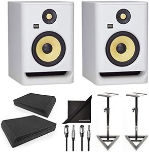 KRK ROKIT RP7G4WN G4 7" Bi-Amped Studio Monitor DSP Speaker White w/AxcessAbles Speaker Stands, Isolation Pads, Audio Cables and eStudioStar Polishing Cloth