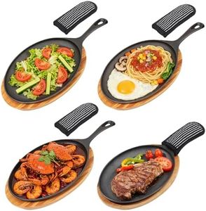 4 Sets Cast Iron Fajita Skillet Set Sizzling Plate with Wooden Base & Anti Scald Protection Hot Handle Cover, Cast Iron Skillets Set for Home Barbecue Kitchen Party Restaurant Catering Service