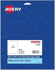 Avery Waterproof Oil-Resistant Film Labels - Jars, Oils, 8.5" x 11" for Laser or Pigment Printers, 10 Full-Sheet Labels (64506)