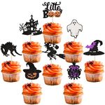 Xsstarmi 24 Pack Halloween Cupcake Toppers Glitter Little Boo Ghost Pumpkin Cupcake Picks Castle Witch Cat Cake Decorations for Halloween Theme Baby Shower Birthday Party Supplies