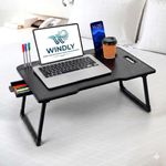 WINDLY Wood Multipurpose Foldable Laptop Table with Cup Holder | Table Home Study Writing Table, Foldable and Portable/Ergonomic Edges Kids & Adults (Black)