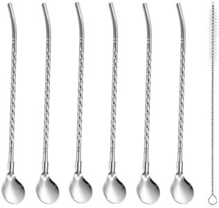 Yala Stainless Steel 304 Drinking Spoon Straws-Silver Spoons Straw Bar Spoons Handle with Straw-21cm Filter Loose Leaf Tea Infuser Barware Strainer Stirring Straws (Pack of 6 Threaded Straw Spoon)