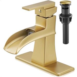 HOIGY Brass Waterfall Faucet, Brushed Gold Bathroom Faucet, Single Handle for One Hole or 3 Holes 4 Inch with Pop-Up Drain, Pre-Installed Supply Hoses and Deck Plate for Vanity RV Farmhouse Modern