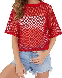 CLOZOZ Women's Mesh Net See Through Fishnet T-Shirt Crop Top (XX-Large, red)