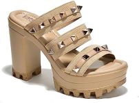 Cape Robbin Tinley Women's Spiky Platform Sandals Women - Slip-on Chunky Heels for Women - Platform Sandals Women with Silver Studs on Straps - Nude Size 8