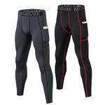 HUAKANG Men's 2 Pack Compression Pants with Pockets Cool Dry Base Layer Leggings for Running,Workout,Training,0909-Black Grey,L