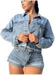 MakeMeChic Women's Casual Long Sleeve Raw Hem Jean Jacket Button Down Crop Denim Jacket Medium Wash X-Small