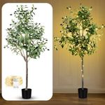 Artificial Olive Tree 5FT/150cm Tall Faux Silk Plant Large Fake Olive Potted Tree with 100 LED String Lights for Indoor Home Office Christmas Decor