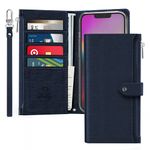 JUST4YOU Zipper Clutch Wallet Flip Cover Case Compatible with Apple iPhone 13 Pro Max [Handmade, Premium PU Leather, Credit Card Holder Slots, Hand Strap Included] - Navy [CS_FC_ZC_I13PM_NY]