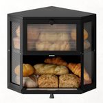 WOWLIVE Corner Bread Box for Kitchen Countertop, Double Layer Bamboo Bread Storage Container, Large Farmhouse Bread box with Acrylic Wavy Door Panel, Under Cabinet Organizer (Black, Medium)