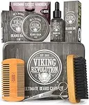 Viking Revolution Beard Care Kit for Men - Kit includes 100% Boar Beard Brush, Wooden Comb, Beard Balm, Beard Oil, Beard & Mustache Scissors in a Metal Box