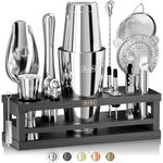 BARE BARREL® Cocktail Making Kit | 16-Piece Bartender Kit Cocktail Shaker Set Maker | Bamboo Display Stand & 35 Recipe Cards | Mixology Cocktail Gift Set (800ml/28oz Boston Shaker, Silver/Black)