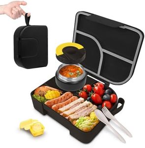 TinyPalsa Bento Box for Kids, 3 Compartment Kids Lunch Box with 10oz Leak Proof Thermos Food Jar, Easy-Open Latch, Dishwasher Safe, Ideal for School, Daycare, Travel with Portable Handle (Black)