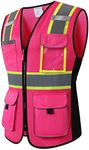 HoliSecure Safety Vest for women, Hi vis Reflective Lady Work vest With 9 Multi Pocket And Zipper, Pink, X-Large