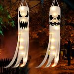 2 Pieces 40 Inch Horrible Ghost Windsocks Flag Halloween Spooky Windsocks Outdoor Hanging Decoration with 2 Flashing Modes Warm White LED Lights for Patio Garden Party Supplies (Classic Style)