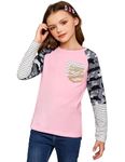 Arshiner Girls Shirts Long Sleeve Fashion Pocket Color Block Casual Tops for Girls Size 10-12 Years Pink/Camo