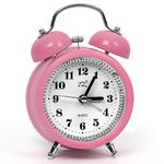 ABOUT SPACE 4 Inch Twin Bell Alarm Clock Round Silent Analog Desk/Non-Ticking with Night Light- Battery Powered Simple Design for Home Office Students Kids Bedroom - (PVC) Pink (Battery not Included)