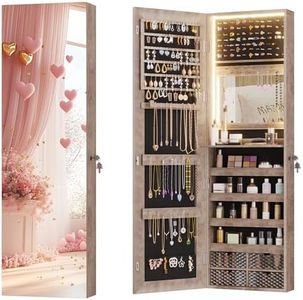 Vlsrka Mirror Jewelry Cabinet, Upgraded 3 LED Lights Wall/Door Mounted Jewelry Armoire Organizer, 47.2" Full Length Mirror with Storage, Built-in Lighted Mirror, 4 Drawers, 5 Shelves, Lockable, Wood