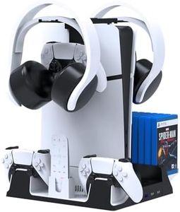 PS5 Vertical Stand with Cooling Fan and Dual Controller Charger Station for Playstation 5 PS5 Console,JOYTORN PS5 Charging Dock Station with Headset Hooker,13 Game Rack Storage, Media Remote Organizer