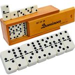 Dominos Set for Adults – Dominoes - Classic Board Games - Juegos de Mesa - Double 6 Dominoes for Family Games for Kids and Adults - Double Six Standard Dominos Set 28 Tiles with Brown Wood Case