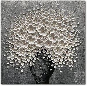 Epicler Art 100% Hand-Painted White Flower Art Oil Painting, Modern Home Furnishing Canvas Painting Decoration, 3D Abstract Mural Painting,24x24 inch Frame Wall Art Hanging