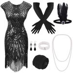 PLULON 1920s Sequin Beaded Fringed Flapper Dress with 20s Accessories Set(Black)