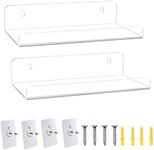 8 Inch Acrylic Clear Shelves for Wall No Drilling, 2 Pack Small Floating Ledge Shelf with Adhesive, No Damage Mounted, Easily Expand Wall Space for Bedroom, Living Room, Bathroom