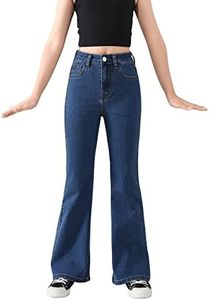 SweatyRocks Girl's Casual High Waist Solid Denim Pants Stretchy Flare Leg Jeans with Pocket Dark Wash 8Y