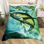 Big Pike Fish Duvet Cover Fishing Underwater Animal Bedding Set Blue and Green Comforter Cover for Boys Girls Children Teens Bedspread Cover King Size